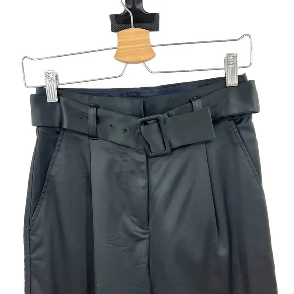 Aritzia Babaton Belted Pleat Pant Trouser Cropped Stretch Satin Black Size 2 - Picture 3 of 13